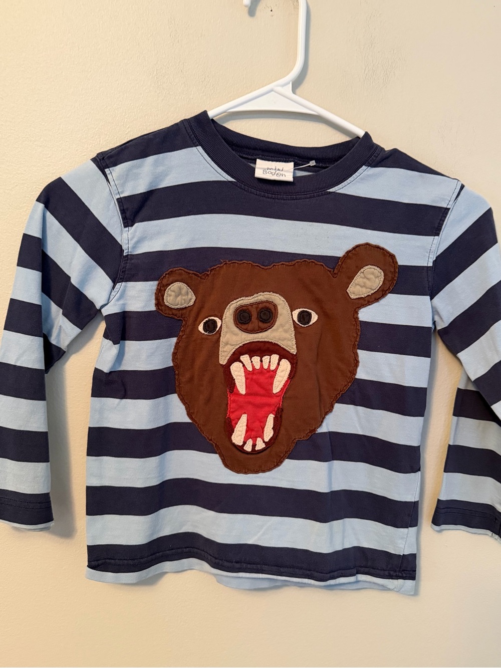 Mini Boden Navy & Light Blue Striped Long-Sleeve Tee with Bear Appliqué